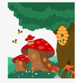蜂蜜窝卡通蘑菇屋蜜蜂高清图片