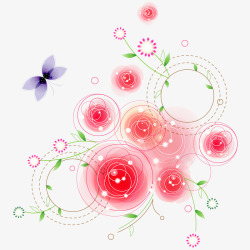 紫色蝴蝶和梦幻红色花朵素材