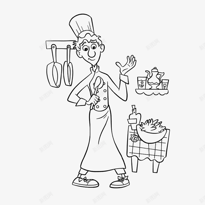 简笔厨师厨房工作psd免抠素材_新图网 https://ixintu.com 厨师简笔画 厨房简笔画 挂着的锅 线条手绘
