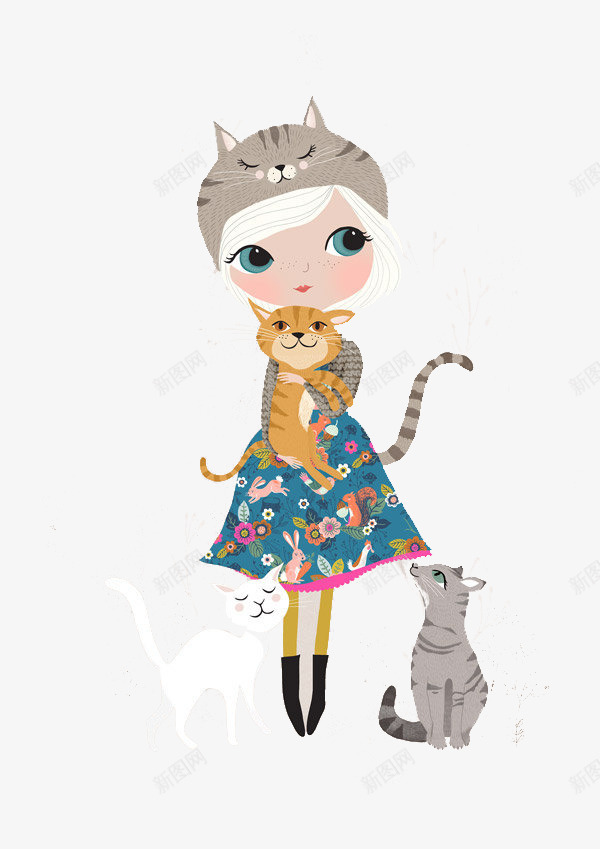 抱小猫的女孩png免抠素材_新图网 https://ixintu.com 可爱女孩 宠物 小猫 花裙子