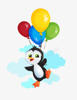 卡通手绘可爱企鹅牵着彩色气球矢量图素材