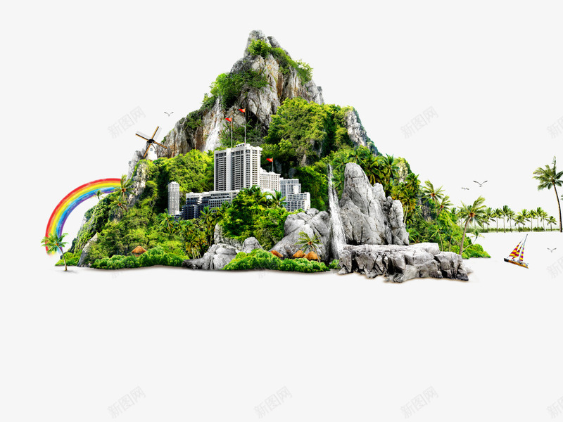 假山彩虹png免抠素材_新图网 https://ixintu.com 假山 帆船 彩虹 椰子树