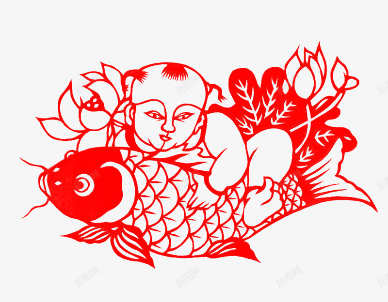 中国风儿童抱鲤鱼剪纸png免抠素材_新图网 https://ixintu.com 剪纸 春节 胖娃娃 鲤鱼