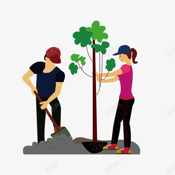 男人女人一起植树png免抠素材_新图网 https://ixintu.com 人物 卡通 土壤 小树苗 手绘图 植树 种树