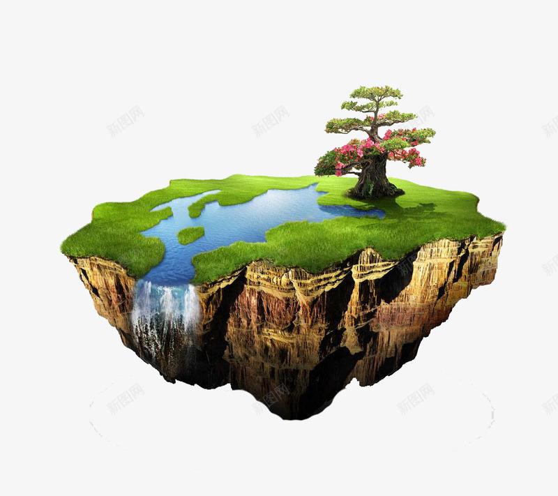 漂浮在空中的岛png免抠素材_新图网 https://ixintu.com 树木 河流 浮空岛 漂浮的小岛