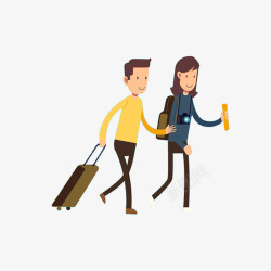 行李箱女人卡通男人和女人拖着行李出差高清图片