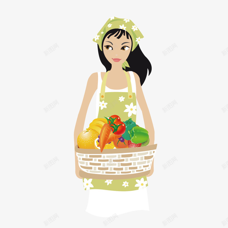 抱着蔬菜水果的女孩矢量图ai免抠素材_新图网 https://ixintu.com 围裙 女生 抱着蔬菜 装饰图案 餐饮 矢量图