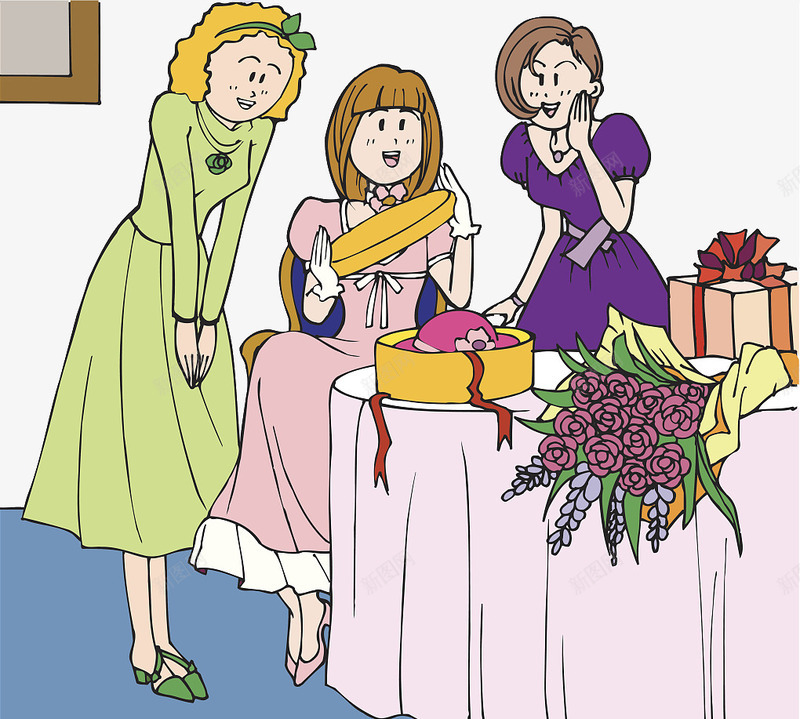 卡通人物插图聚会的闺蜜们png免抠素材_新图网 https://ixintu.com 一群女人 一群女孩 人物插图 卡通 打开礼物 聚会 闺蜜们