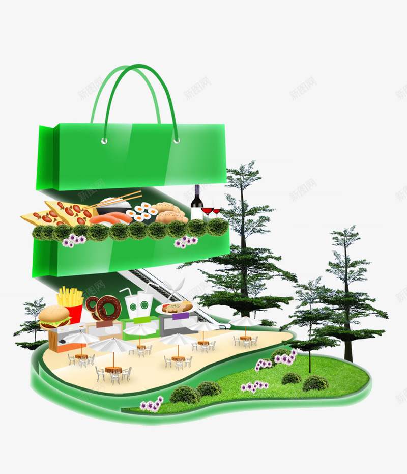绿色环保购物袋创意展示板快餐食物png免抠素材_新图网 https://ixintu.com 创意 展示板 快餐 环保 绿色 购物 食物