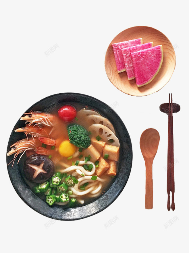 日式乌冬面psd免抠素材_新图网 https://ixintu.com 木制餐具 海鲜 蔬菜 西瓜