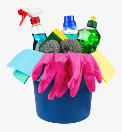 手套清洁剂蓝色桶里的清洁用品实物高清图片
