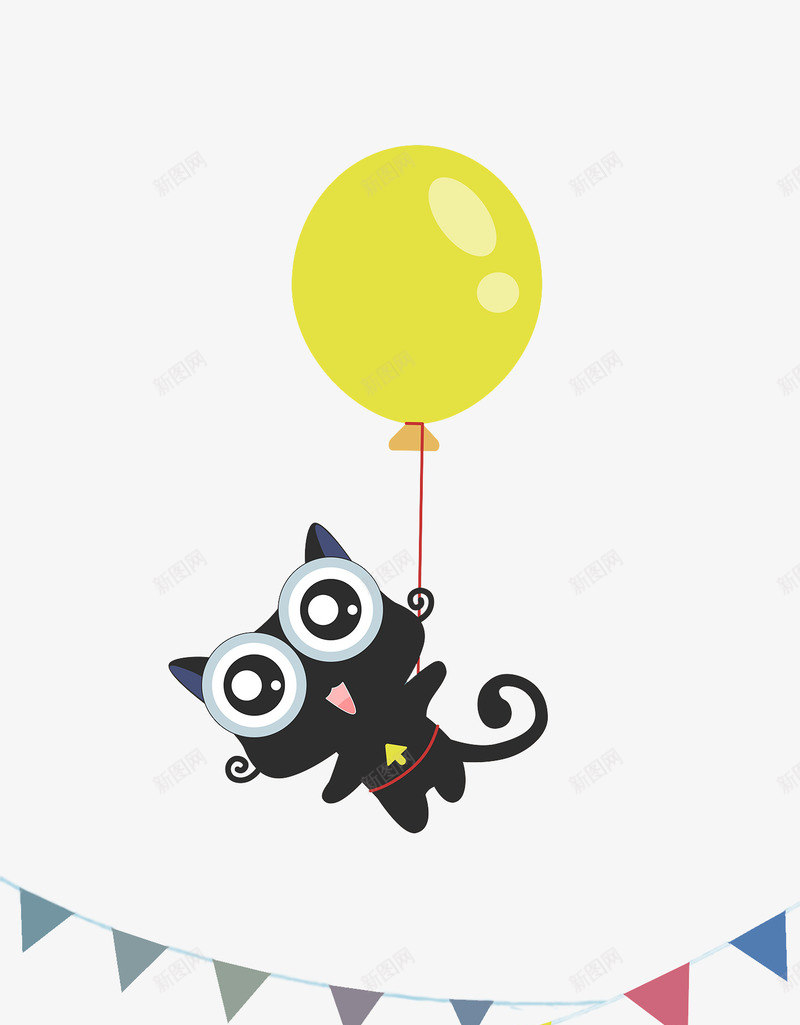 漂浮的小猫png免抠素材_新图网 https://ixintu.com 卡通 彩旗 彩色黄色 气球 猫 黑色
