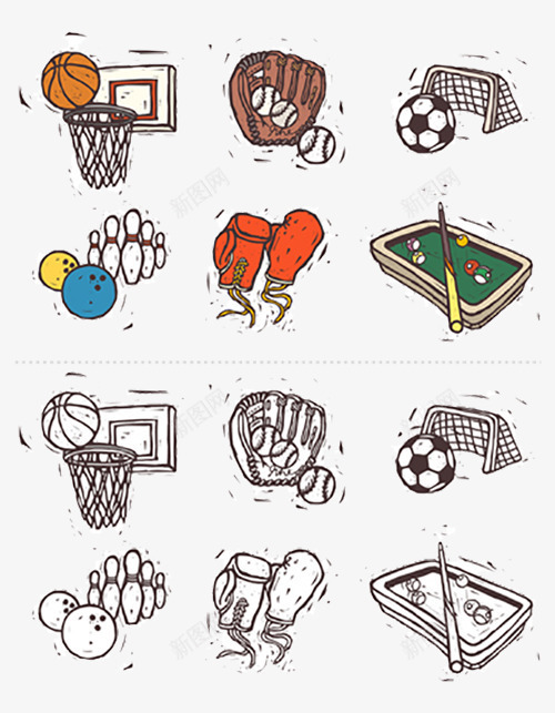 手绘运动类小图标png_新图网 https://ixintu.com 保龄球 台球 图标 篮球