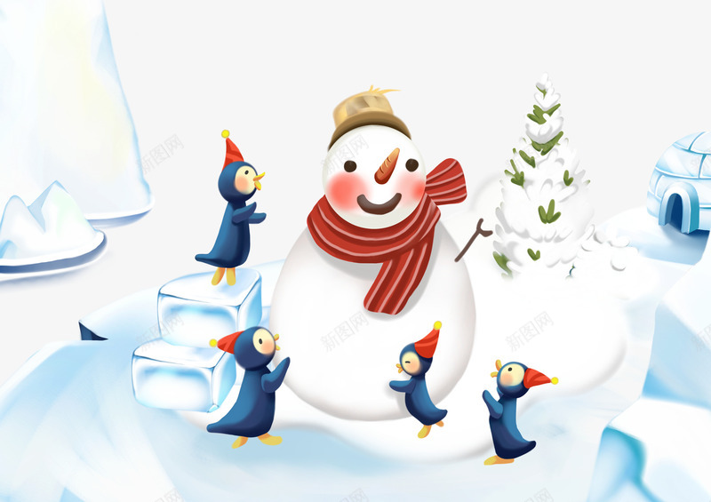 围着雪人的四个小企鹅png免抠素材_新图网 https://ixintu.com 企鹅 冬雪 卡通插画 雪 雪人