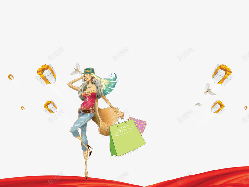 购物psd免抠素材_新图网 https://ixintu.com 卡通人物 手绘美女 漂浮素材 礼品盒 红色彩带 购物素材