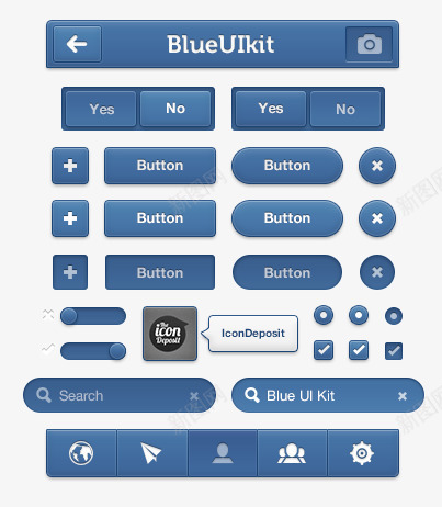 蓝色UI元素工具包图标psd_新图网 https://ixintu.com UI 图标 导航 按钮 搜索栏