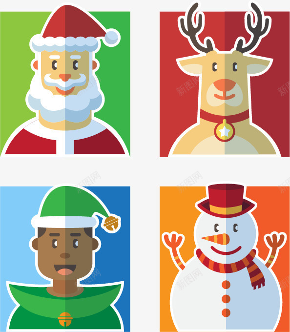 4款扁平化圣诞角色头像png免抠素材_新图网 https://ixintu.com 圣诞 圣诞老人麋鹿 头像 角色 雪人