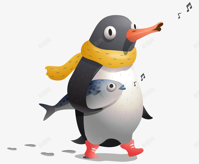卡通手绘哼着歌小鱼企鹅png免抠素材_新图网 https://ixintu.com 卡通的动物 哼着歌的小鱼和企鹅 手绘的小鱼 矢量的企鹅