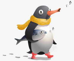 卡通手绘哼着歌小鱼企鹅素材