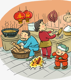 团年饭素材团年饭包饺子卡通年画高清图片