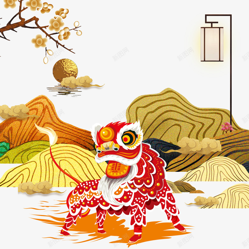 新年时尚手绘背景psd分层图png免抠素材_新图网 https://ixintu.com 卡通手绘山脉 喜迎新春 新年快乐 新年时尚背景 欢度春节 舞狮 辞旧迎新 金梅