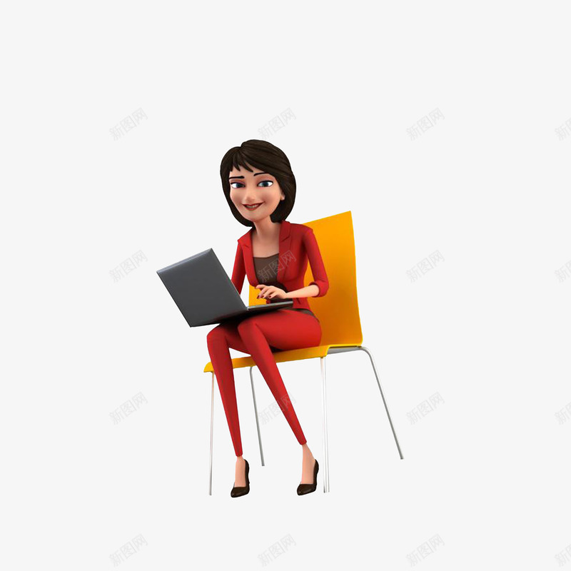 立体坐着使用电脑的红衣女子png免抠素材_新图网 https://ixintu.com 坐着的女士 电脑前的人 立体效果 红色女士套装 脚上的电脑