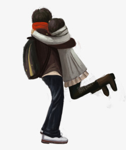 情侣拥抱手绘人物插图冬日拥抱的情侣插画高清图片