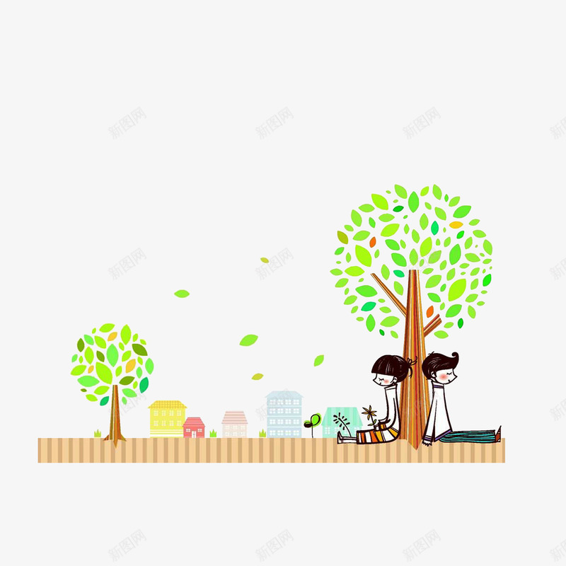 背靠大树的男女png免抠素材_新图网 https://ixintu.com 卡通手绘 插图 树下的人 背靠大树的男女