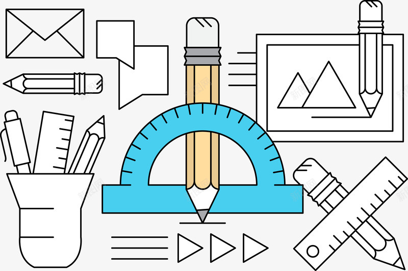 师画图纸工具矢量图eps免抠素材_新图网 https://ixintu.com 信封 图纸 尺子 铅笔 矢量图