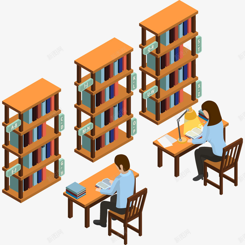 卡通图书馆png免抠素材_新图网 https://ixintu.com 书架 买书 卡通 图书整理 图书馆 手绘 桌子 椅子 蓝色 黄色