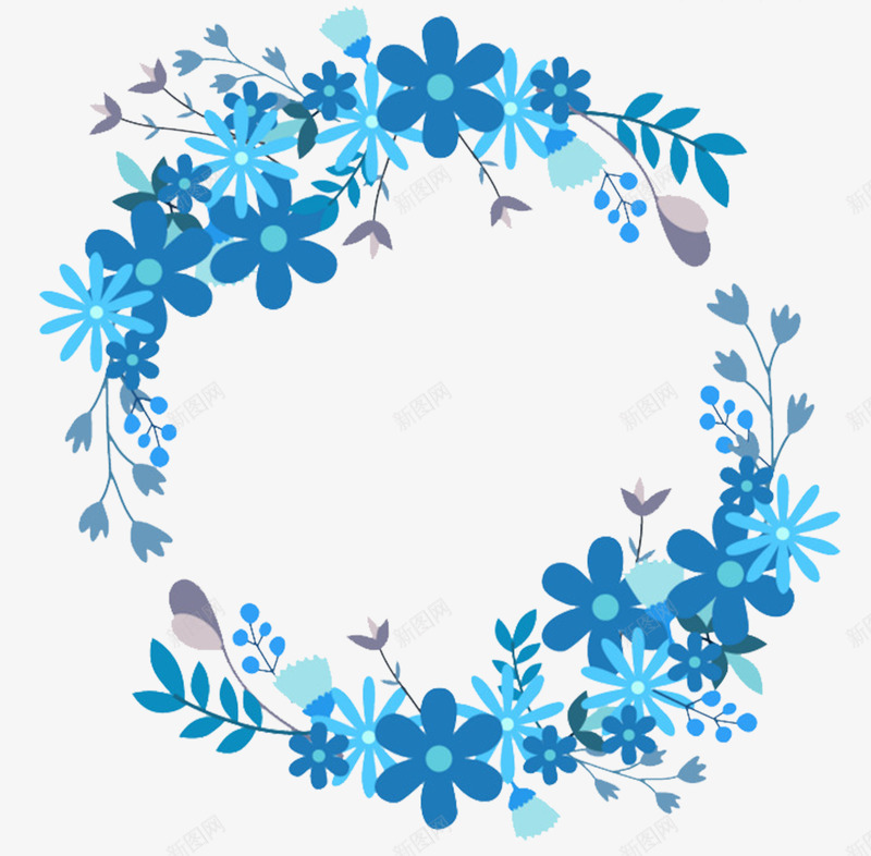 蓝色扁平冬季花边png免抠素材_新图网 https://ixintu.com 冬季花边 花朵边框 花环 蓝色花朵