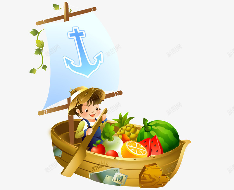 卡通彩色小船男孩划船水果png免抠素材_新图网 https://ixintu.com 划船的男孩 卡通的人物 彩色的水果 矢量的男人