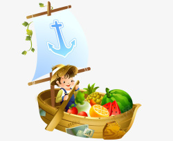 卡通彩色小船男孩划船水果素材