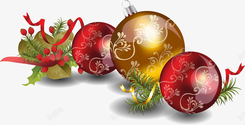 圣诞节圣诞球装饰png免抠素材_新图网 https://ixintu.com 圣诞球装饰 圣诞节 多彩圣诞球 白色花纹 红色丝带 绿色松叶