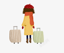 回家的女孩手绘插画行李箱和回家过年的人高清图片