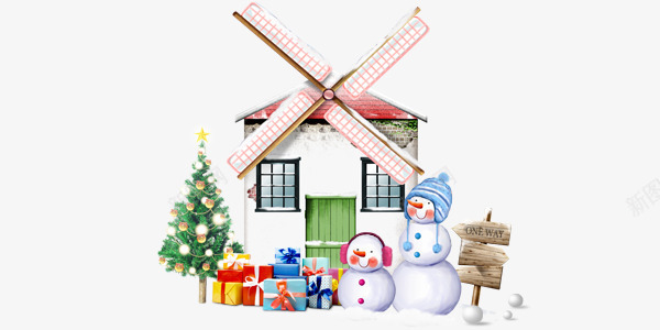 圣诞雪人礼物圣诞树风车屋png免抠素材_新图网 https://ixintu.com 圣诞 圣诞树 礼物 雪人 风车屋