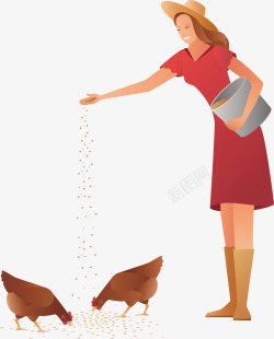 一个正在喂鸡的女士矢量图素材