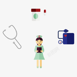 手绘女护士与医疗健康器材矢量图素材