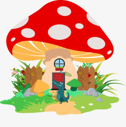 红色蘑菇下的卡通鳄鱼素材
