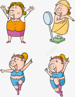 肥胖的猪健身减脂的女孩矢量图高清图片