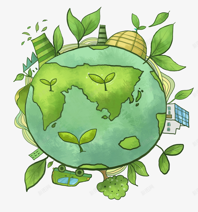 卡通手绘绿色地球png免抠素材_新图网 https://ixintu.com 公益宣传 卡通 地球 手绘 树叶 环保 生态城 绿色