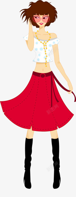 露脐装露脐装红色裙子黑色马靴的女生高清图片