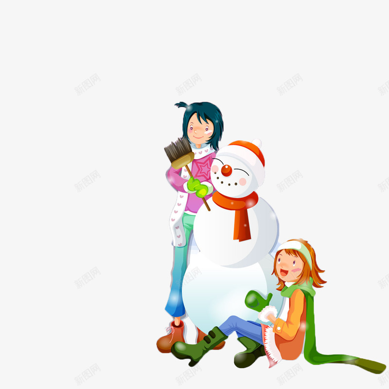 小女孩堆雪人png免抠素材_新图网 https://ixintu.com 两个小女孩 卡通 可爱 装饰 雪人