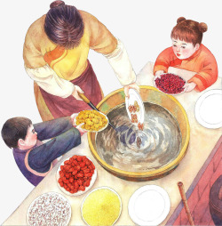 新春传统节日水彩一家人制作腊八粥高清图片