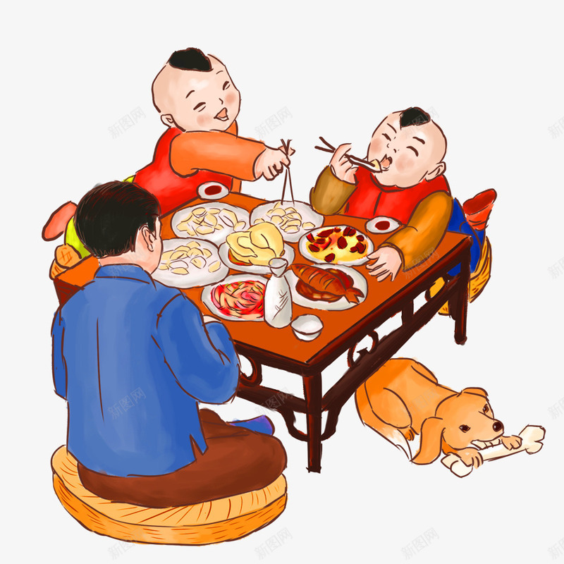 卡通春节一家人团聚png免抠素材_新图网 https://ixintu.com 一家人 卡通 吃饭 团聚 坐在餐桌前 小狗 幸福 幸福祝福 温馨 温馨一家人