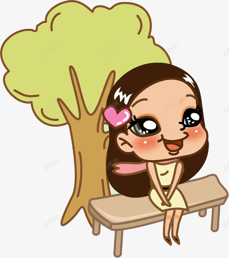 微笑的女孩png免抠素材_新图网 https://ixintu.com 卡通 大树 女孩 微笑 手绘 树木 椅子 爱心 绿色