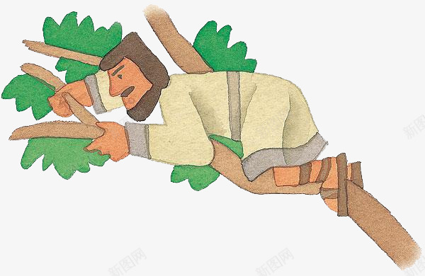 爬树的男人png免抠素材_新图网 https://ixintu.com 卡通 印度 叶子 服饰 树干 棕色 男人 绿色 胡子