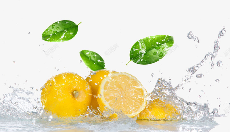 柠檬和水png免抠素材_新图网 https://ixintu.com 柠檬 水果 水花 绿叶 黄色