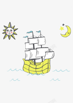 水彩画帆船月亮帆船高清图片