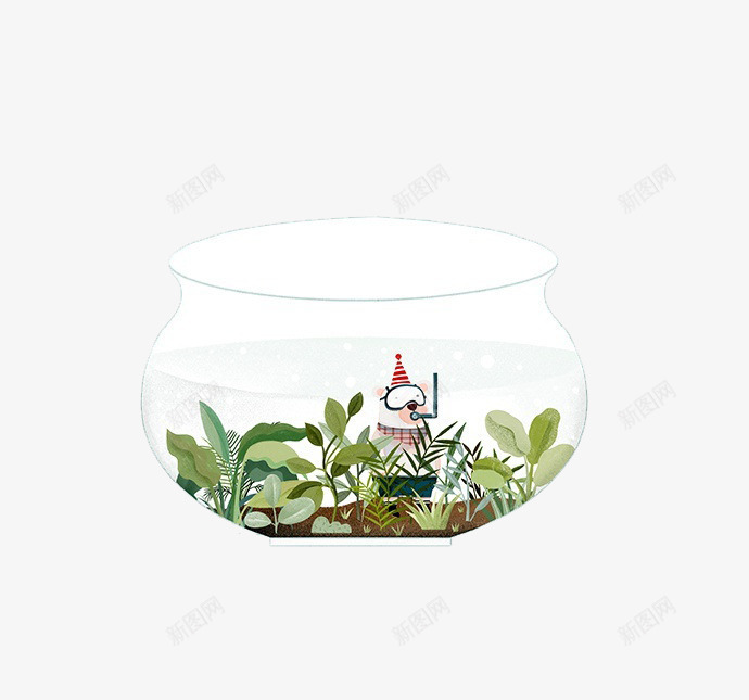 卡通小水缸png免抠素材_新图网 https://ixintu.com 植物 水缸 水草 金鱼